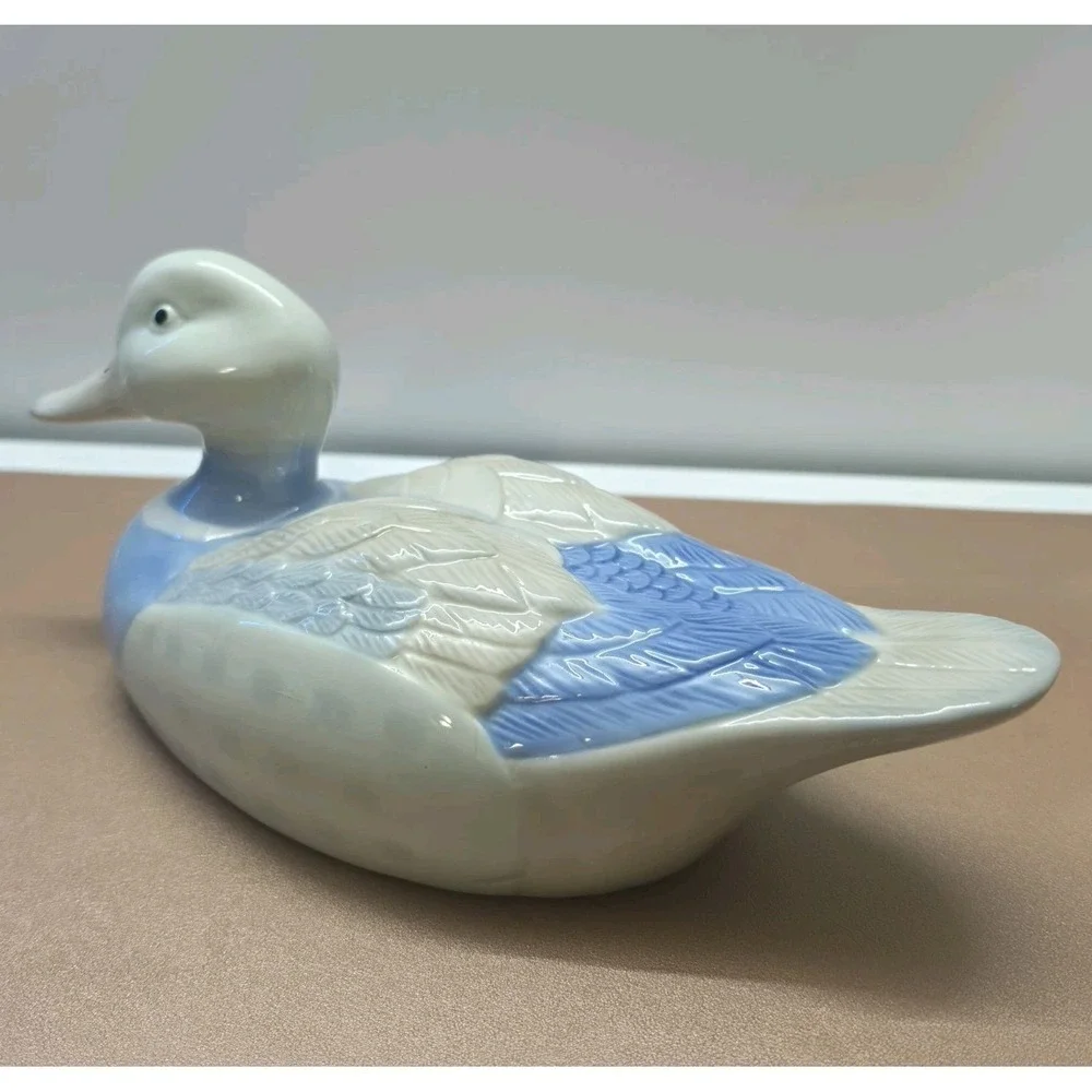 Rare Vintage Glazed Ceramic Blue & White Duck Waterfowl Figurine